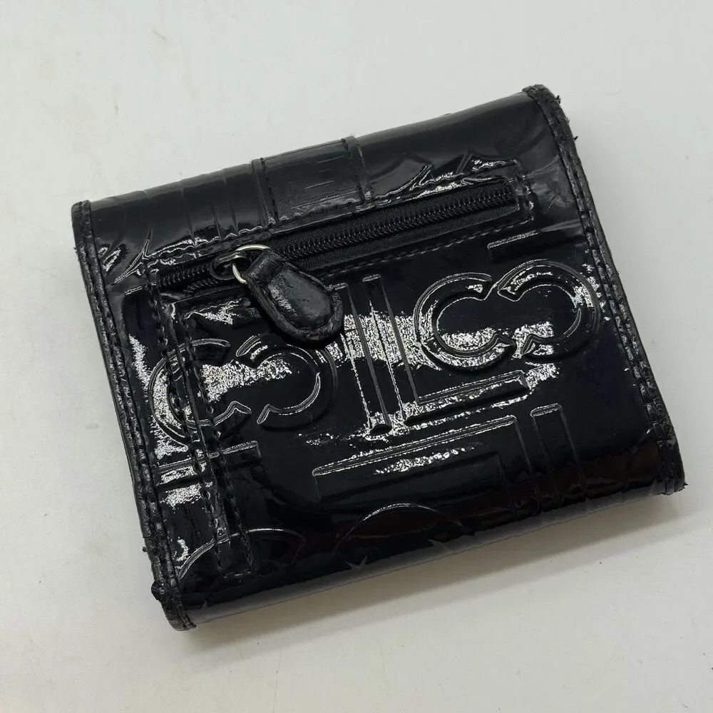 Liz Claiborne Black Patent Leather Trifold Logo Wallet ID CC Cash Coin Organizer